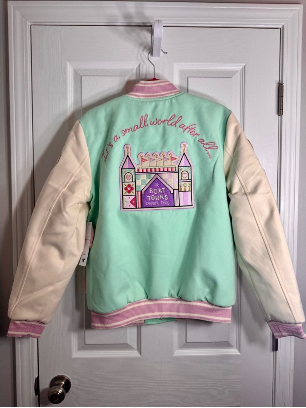 Stoney Clover Lane X Disney Parks 'It's A Small World' Mint Cream Varsity Jacket — image 2 of 8